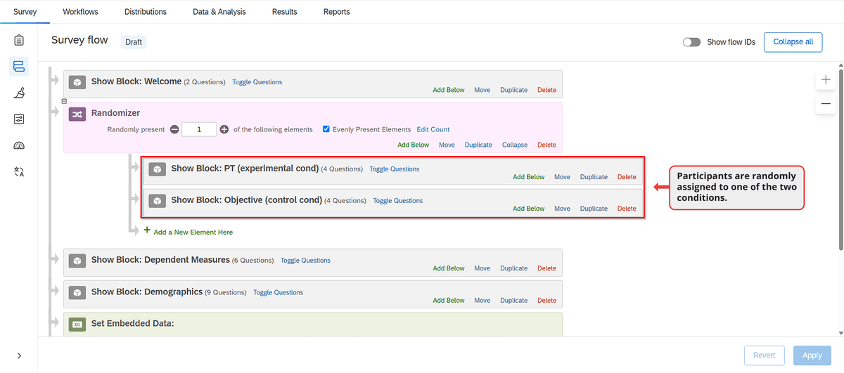 Qualtrics screenshot showing randomization within the perspective-taking experiment