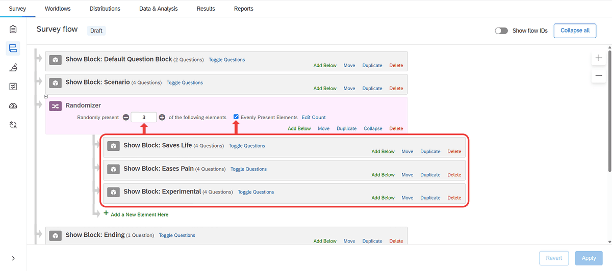 Qualtrics screenshot showing three conditions presented in randomly determined order for each participant