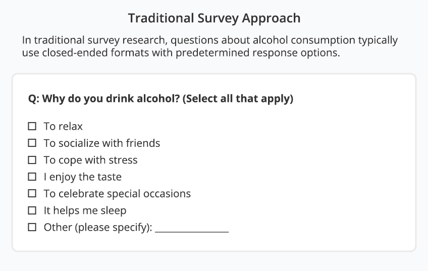Traditional fixed-response survey question asking 'Why do you drink alcohol?' with checkbox options including To relax, To socialize with friends, To cope with stress, I enjoy the taste, To celebrate special occasions, It helps me sleep, and Other