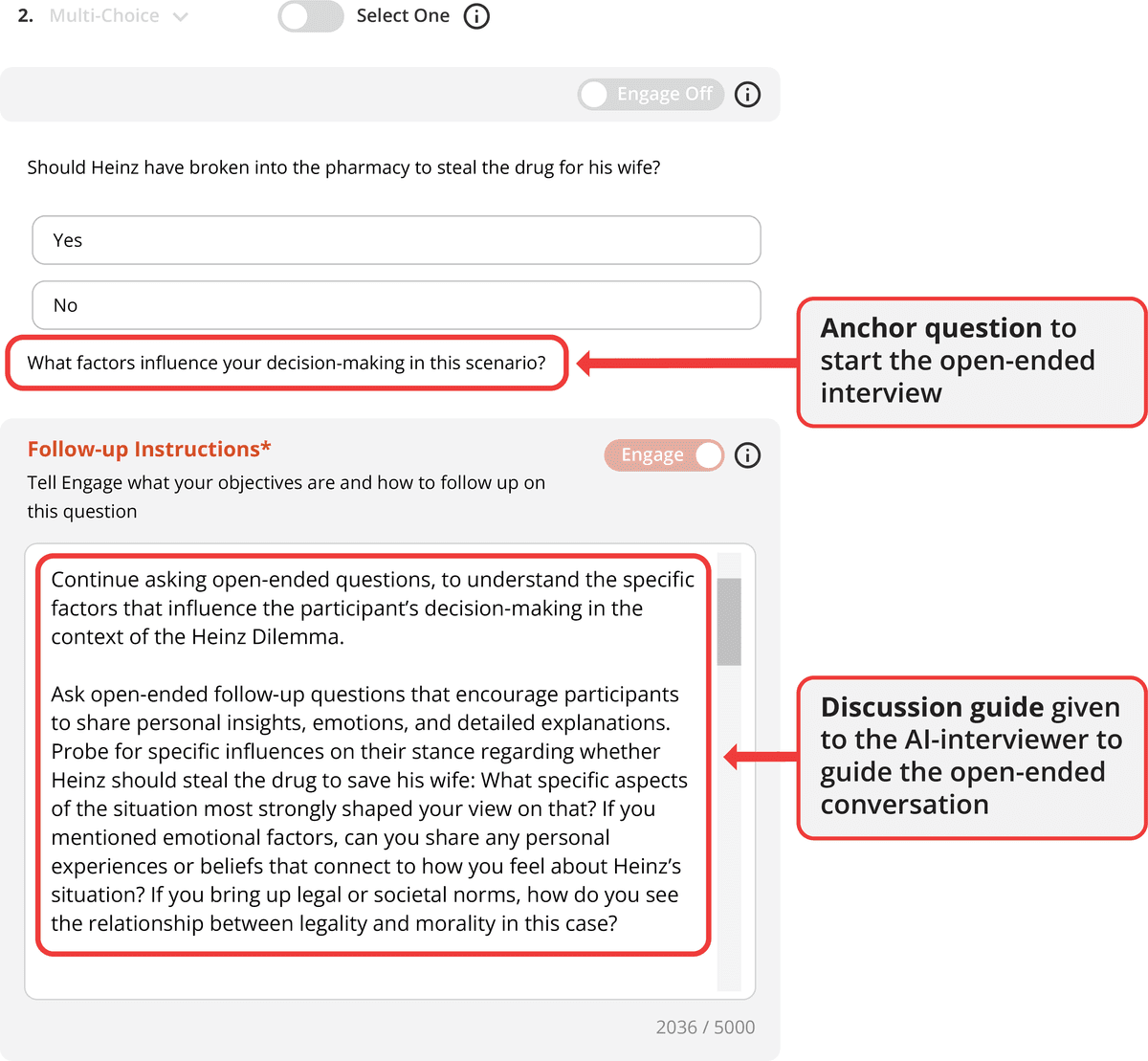 Engage platform interface showing an interview guide where researchers can configure AI to ask follow-up questions and probe deeper into participant responses