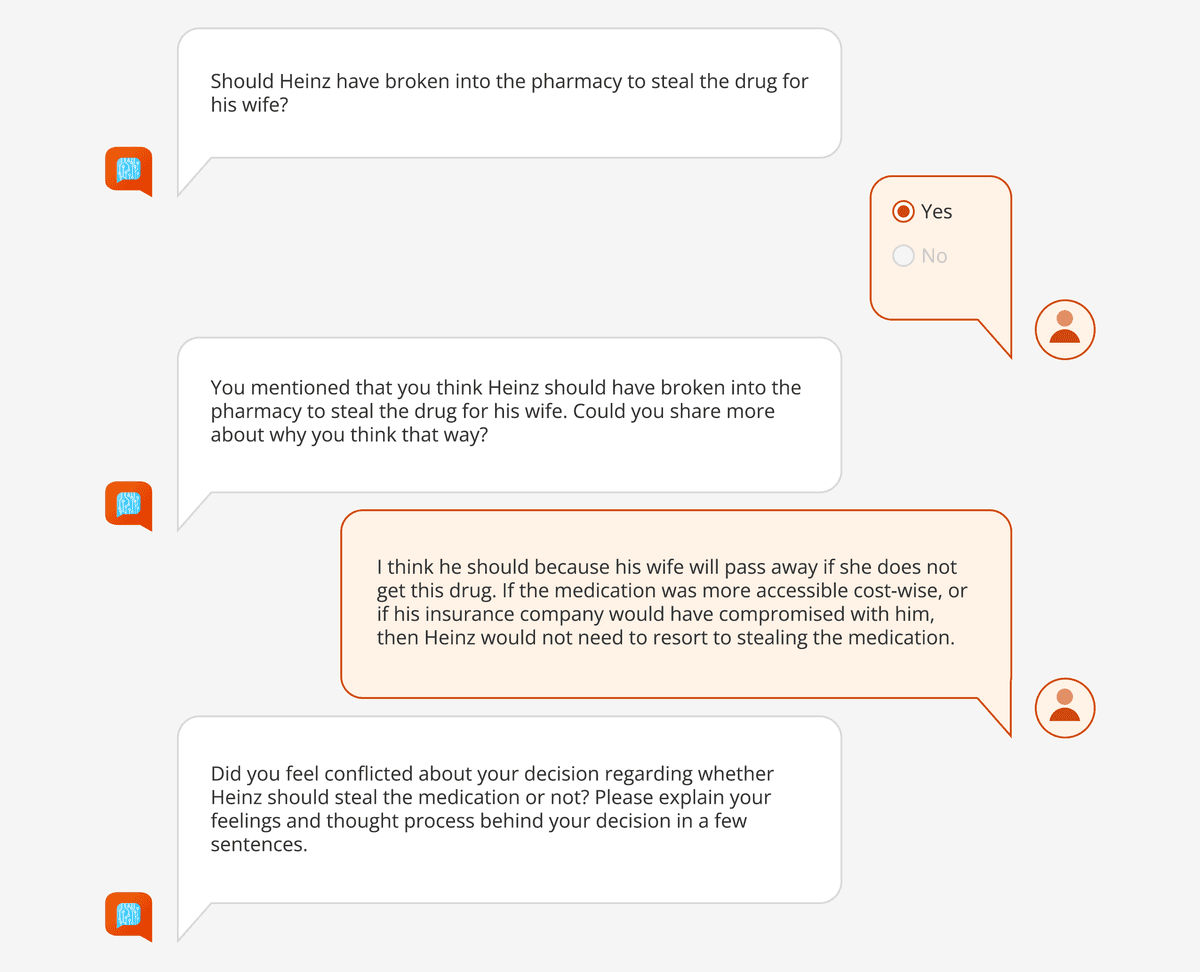 Sample AI interview conversation about the Heinz dilemma showing the AI asking follow-up questions about moral reasoning and the participant providing detailed explanations
