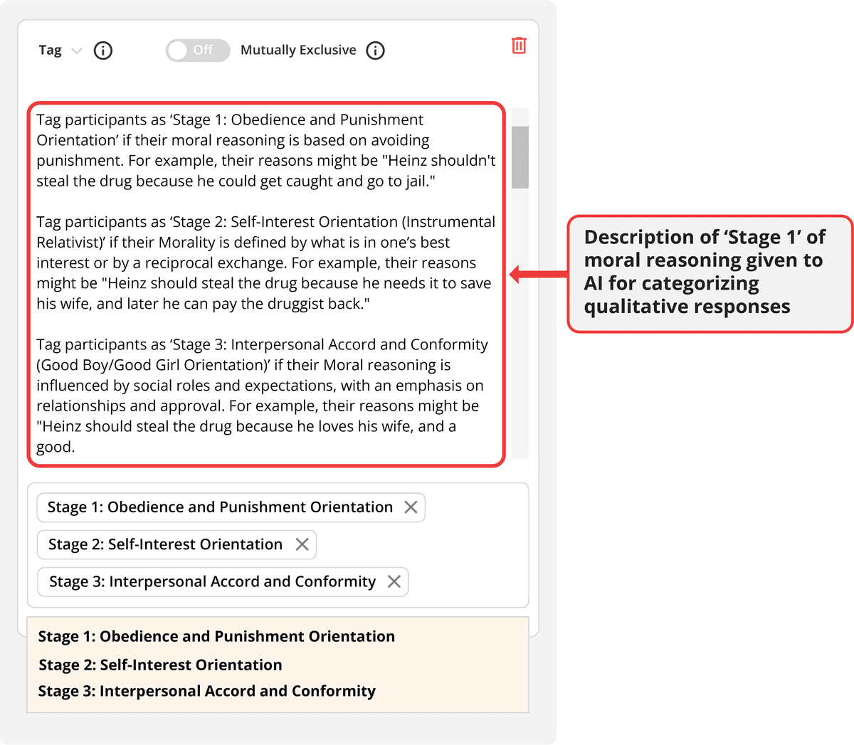 Engage interface showing detailed instructions provided to the AI for categorizing responses according to Kohlberg's stages of moral development