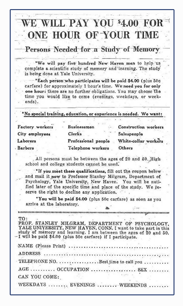 Milgram newspaper advertisement from the New Haven Register reading 'We will pay you $4.00 for one hour of your time - Persons Needed for a Study of Memory' with details about the Yale University psychology study and a mail-in form