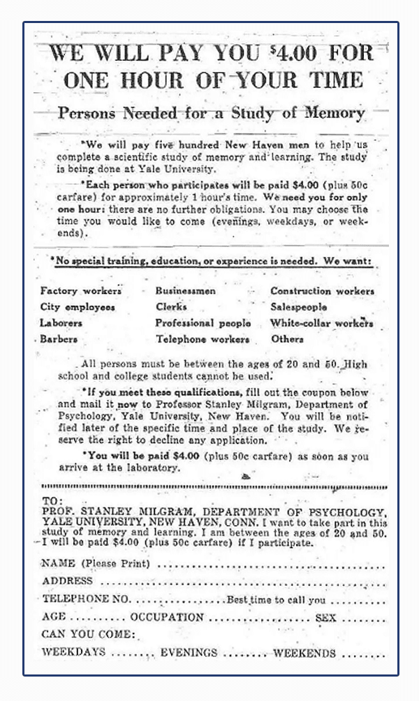 Milgram newspaper advertisement from the New Haven Register reading 'We will pay you $4.00 for one hour of your time - Persons Needed for a Study of Memory' with details about the Yale University psychology study and a mail-in form