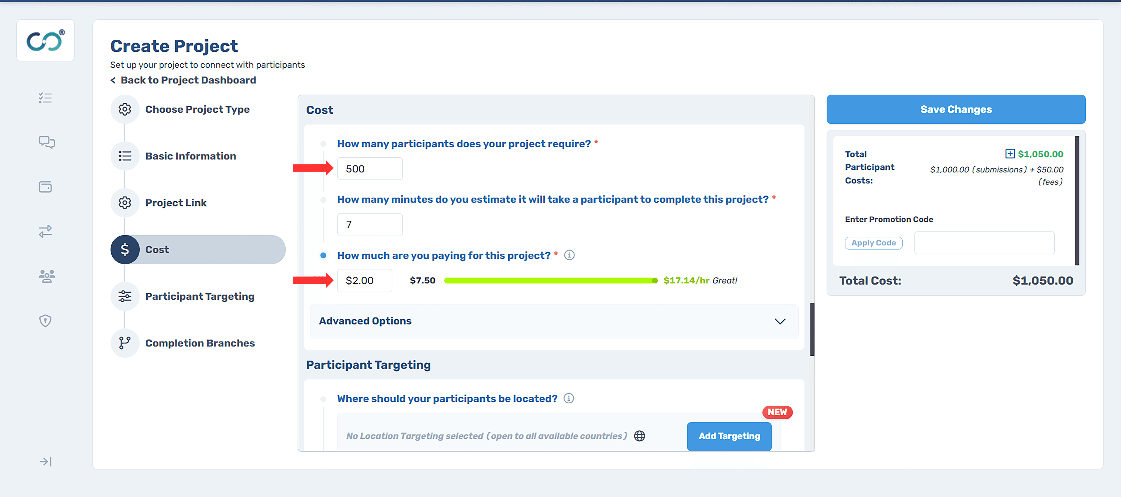 CloudResearch Connect Create Project interface showing Cost settings including number of participants (500), estimated completion time (7 minutes), payment slider from $2.00 to $7.50 ($17.14/hr Great!), and Total Participant Costs of $1,050.00