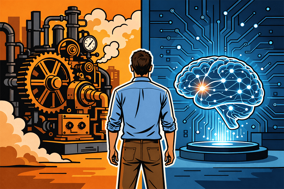 Timeline illustration showing the evolution of technology metaphors for the mind from steam engines to AI neural networks