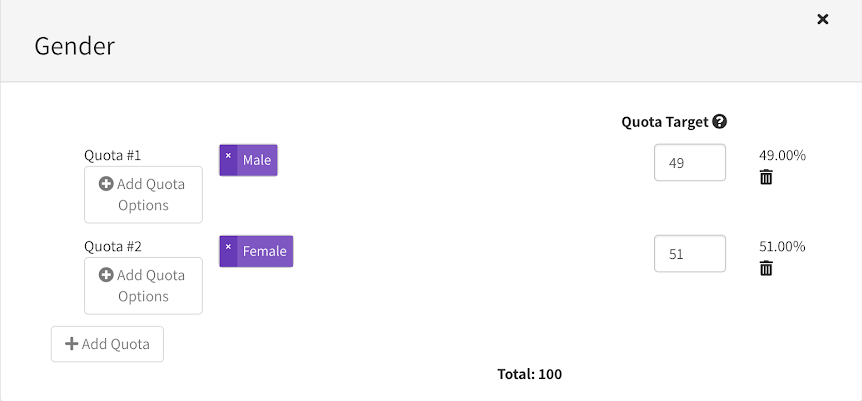 Screenshot of Prime Panels' gender quota settings showing the percentage distribution between males and females based on U.S. Census data