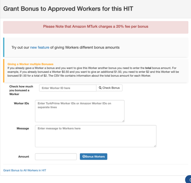 Screenshot of CloudResearch's Grant Bonuses interface showing the form for manually awarding bonuses to batches of approved workers with fields for Worker IDs and bonus amounts