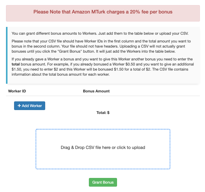 CloudResearch's bulk bonus payment interface showing options to add workers individually or upload a CSV file containing Worker IDs and corresponding bonus amounts
