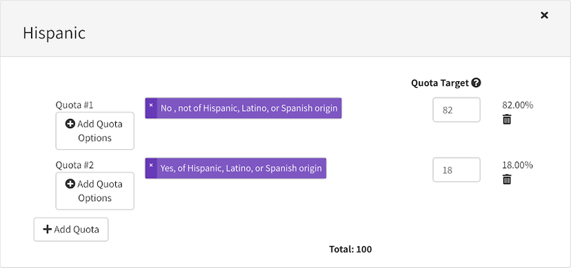 Screenshot of Prime Panels' Hispanic/Latino quota settings showing the percentage distribution between Hispanic/Latino and non-Hispanic/Latino populations based on U.S. Census data