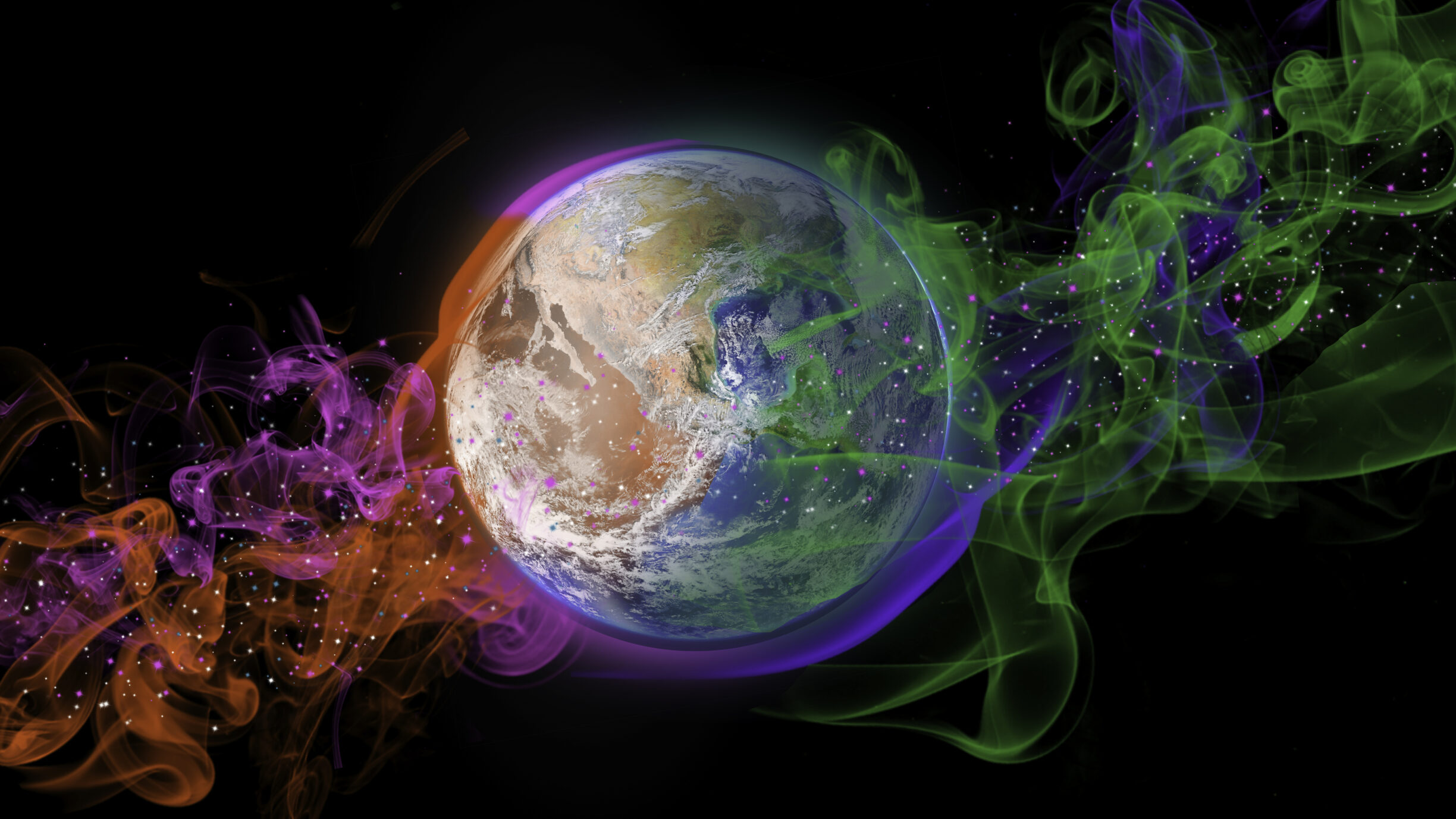 Planet earth and colorful nebula. Fantasy space scene. Green and Orange