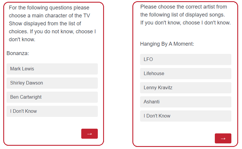 Table showing example cultural knowledge questions for age verification, including older culture (1960s-1980s) and younger culture (1990s-2010s) categories
