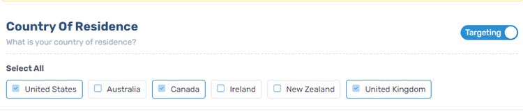 Connect platform country targeting interface showing checkboxes for selecting specific countries including Australia, Canada, Ireland, New Zealand and United Kingdom