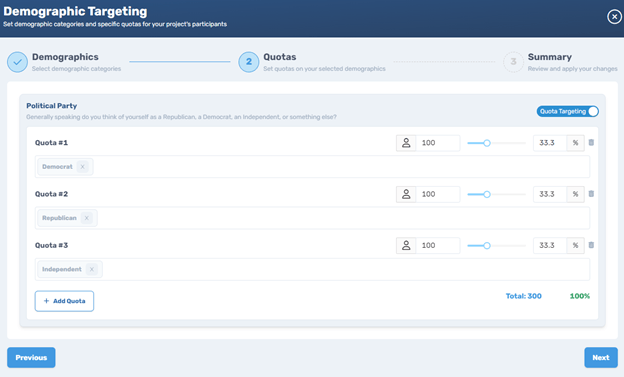 Screenshot of Connect's quota targeting interface showing political affiliation categories and percentage allocation controls
