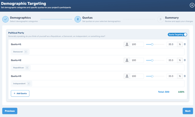 Screenshot of Connect's quota targeting interface showing political affiliation categories and percentage allocation controls