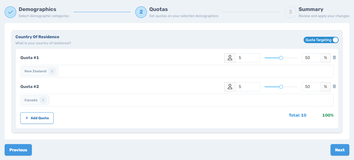 Connect platform quota system interface showing percentage allocations where Canada and New Zealand are each set to receive 50% of survey participants