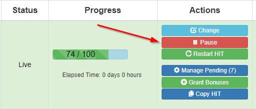 Screenshot of TurkPrime's dashboard showing the pause feature that allows researchers to temporarily halt data collection during a pilot study to make adjustments