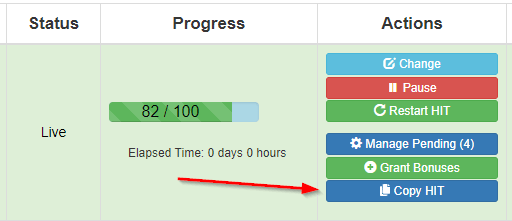 Screenshot of TurkPrime's dashboard highlighting the Copy HIT feature that allows researchers to duplicate study settings and automatically exclude previous participants when moving from pilot to full study