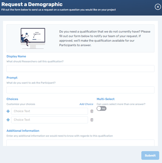 Screenshot of Connect's demographic request form allowing researchers to request custom targeting criteria for participant recruitment