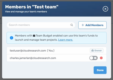 Screenshot of Connect Teams interface showing project sharing options and shared wallet functionality for collaborative research