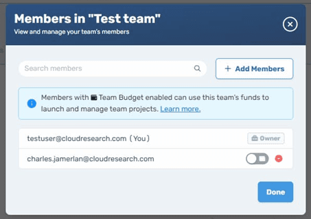 Screenshot of Connect Teams interface showing project sharing options and shared wallet functionality for collaborative research