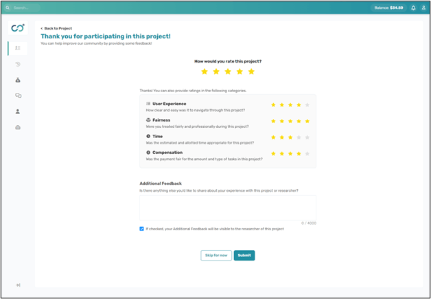 Screenshot of Connect's expanded participant rating system showing metrics for user experience, fairness, time estimate accuracy, and compensation quality