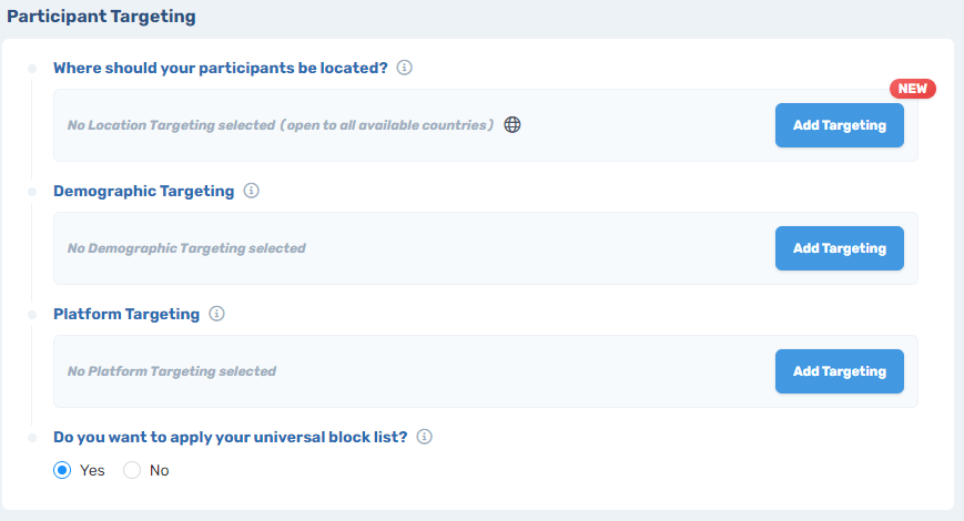 Connect platform targeting interface displaying three main options: Country of residence, Demographics, and Platform targeting with add targeting buttons