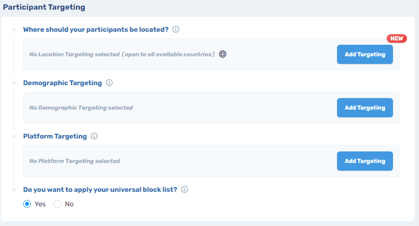 Connect platform targeting interface displaying three main options: Country of residence, Demographics, and Platform targeting with add targeting buttons