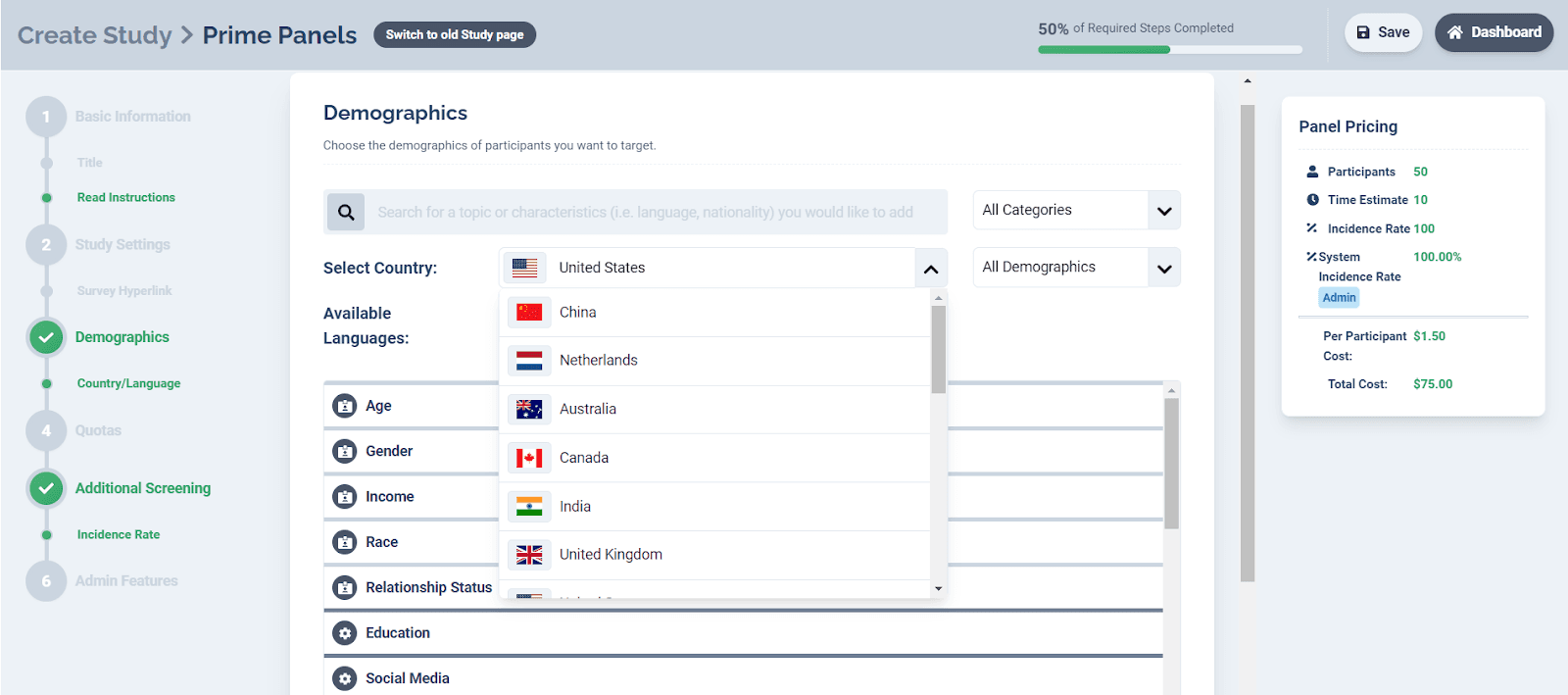 World map showing the 19 countries available for sampling through CloudResearch Prime Panels International