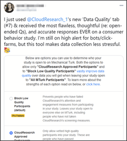 Collection of testimonials from researchers at Harvard, University of Pennsylvania, and other institutions praising CloudResearch's data quality tools and solutions