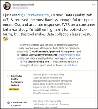Collection of testimonials from researchers at Harvard, University of Pennsylvania, and other institutions praising CloudResearch's data quality tools and solutions