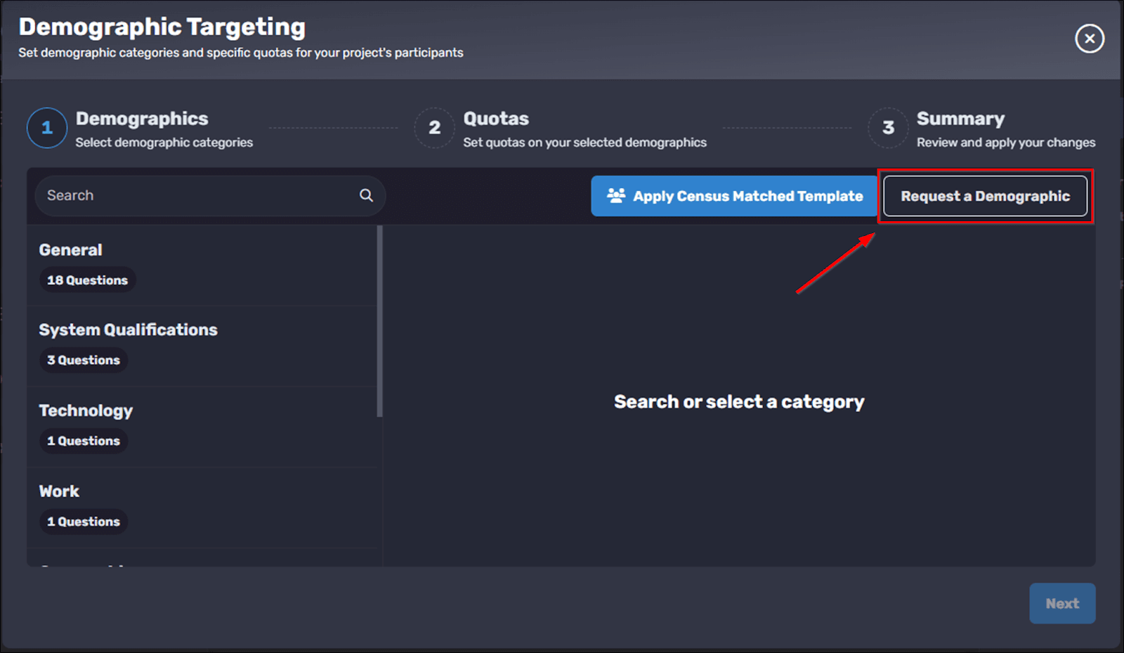 Connect demographic targeting interface showing custom question options for participant screening