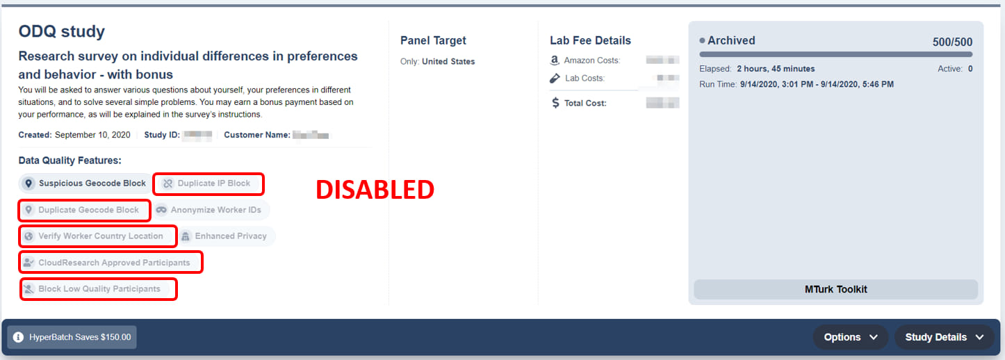 Screenshot of Prolific study settings on CloudResearch dashboard highlighting that data quality filters including 'Block Low Quality Participants' and reputation qualifications were deliberately turned off