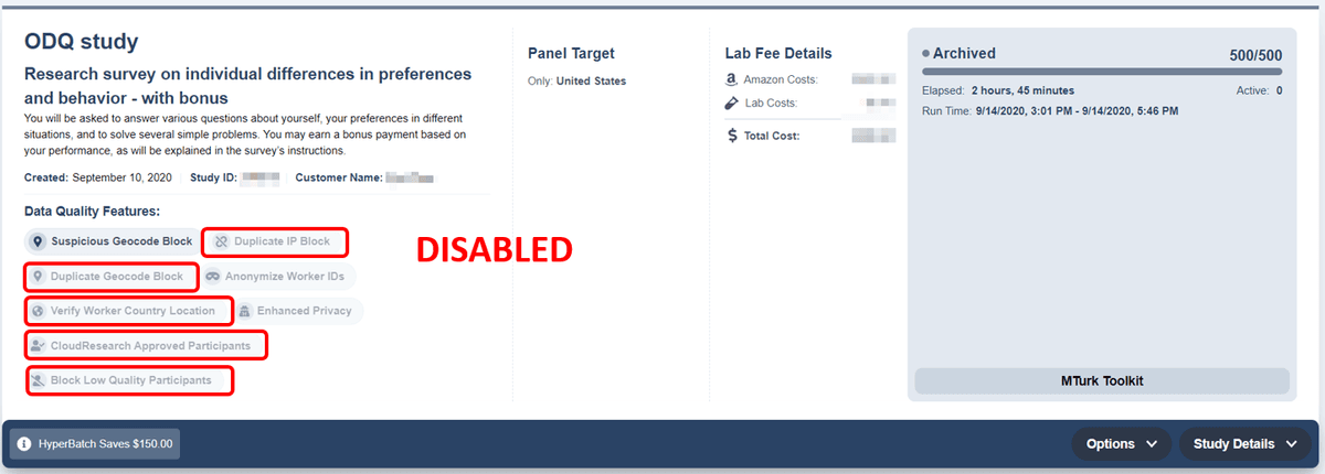 Screenshot of Prolific study settings on CloudResearch dashboard highlighting that data quality filters including 'Block Low Quality Participants' and reputation qualifications were deliberately turned off
