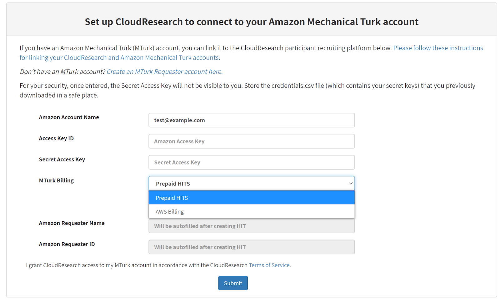 Screenshot of CloudResearch account settings page showing where to update the MTurk Billing option from Prepaid HITs to AWS Billing