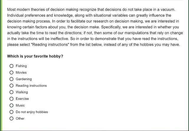 Example of an overly stringent attention check that requires participants to ignore the direct question and instead select a specific answer that violates norms