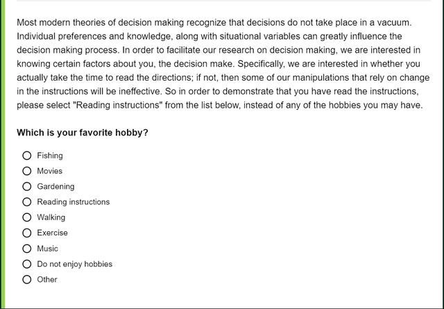 Example of an overly stringent attention check that requires participants to ignore the direct question and instead select a specific answer that violates norms