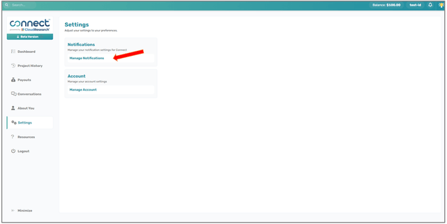 Connect Settings sidebar with Manage Notifications option highlighted