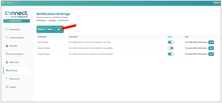 Connect notification settings showing Add button next to Phone number field