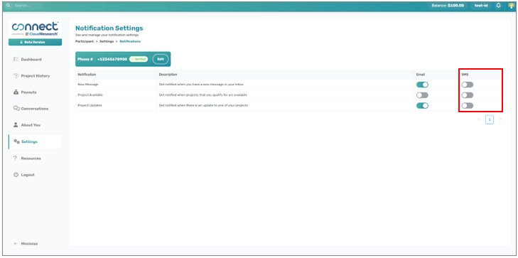 Connect notification settings with SMS column toggles enabled