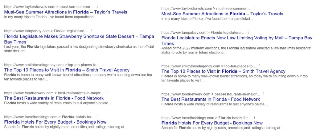 Comparison of search results shown to experiment participants: control condition with news about strawberry shortcake (left) versus treatment condition with news about voting restrictions (right)