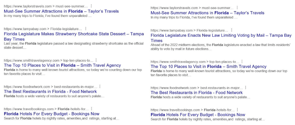 Comparison of search results shown to experiment participants: control condition with news about strawberry shortcake (left) versus treatment condition with news about voting restrictions (right)