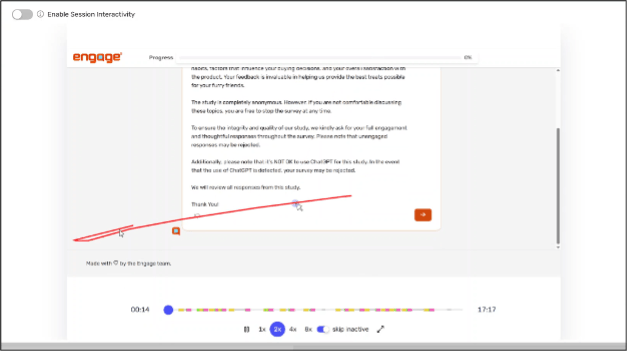 Engage session recording showing mouse tracking technology - red line tracks participant mouse movement across survey screen