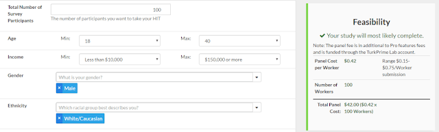 Screenshot showing the panel fee calculation and feasibility estimate for a demographic panel study