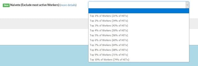 Screenshot of CloudResearch's 'Naivete (Exclude most active Workers)' dropdown menu feature, which allows researchers to select what percentage of the most active MTurk workers to exclude from their studies, helping to recruit less experienced participants