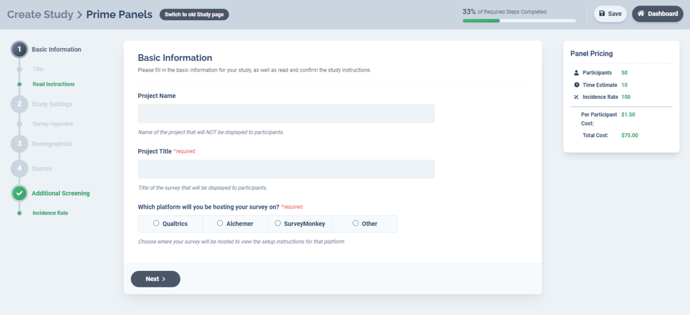 Prime Panels survey-sample configuration screen with demographic targeting controls