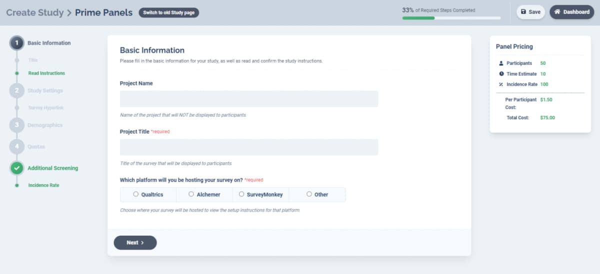 Prime Panels survey-sample configuration screen with demographic targeting controls