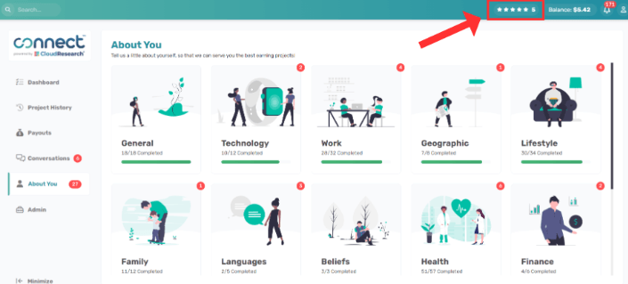 Connect dashboard with star rating icon highlighted for viewing quality score
