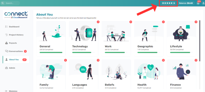 Connect dashboard with star rating icon highlighted for viewing quality score