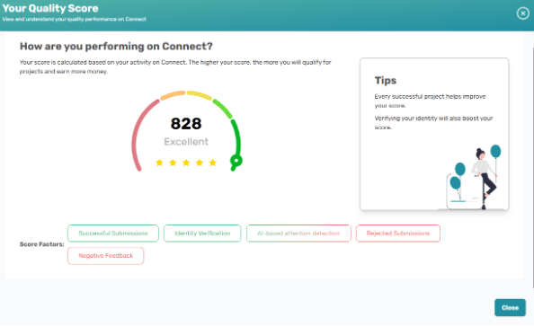 Connect quality score display showing score breakdown and tips to improve